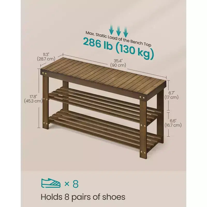 SONGMICS Shoe Rack Bench, 3-Tier Bamboo Shoe Storage Organizer, Entryway Bench, Holds Up to 286 lb, 11.3 x 35.4 x 17.8 Inches