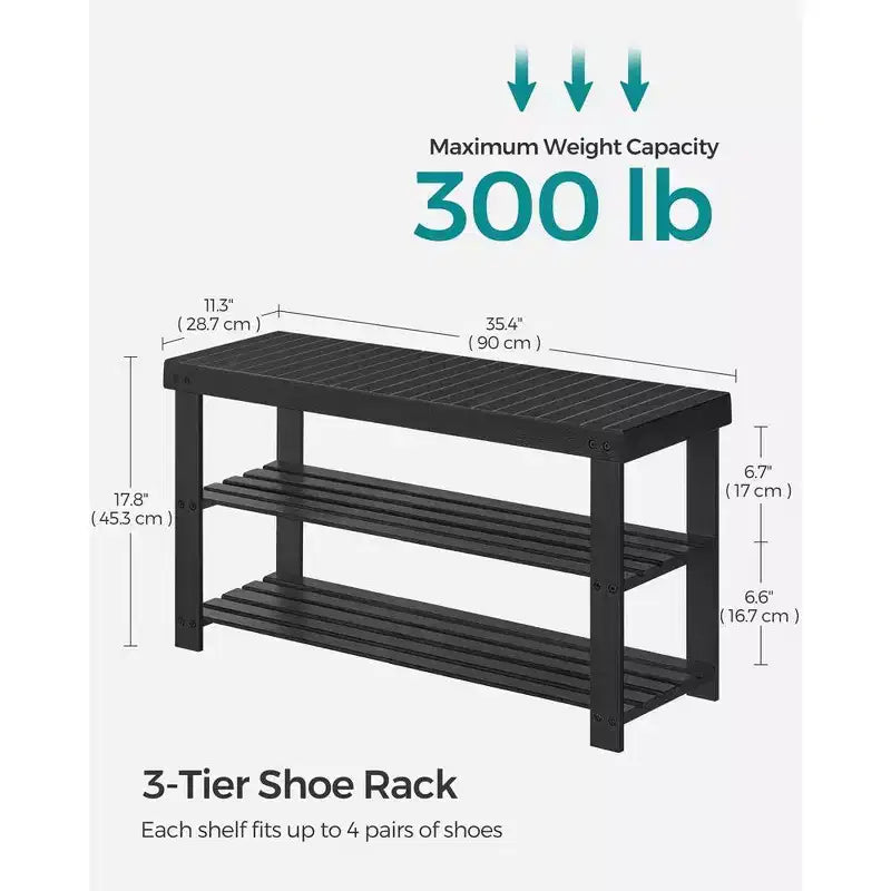 SONGMICS Shoe Rack Bench, 3-Tier Bamboo Shoe Storage Organizer, Entryway Bench, Holds Up to 286 lb, 11.3 x 35.4 x 17.8 Inches