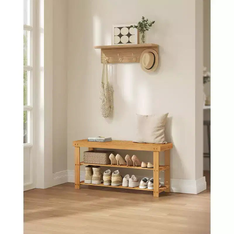 SONGMICS Shoe Rack Bench, 3-Tier Bamboo Shoe Storage Organizer, Entryway Bench, Holds Up to 286 lb, 11.3 x 35.4 x 17.8 Inches