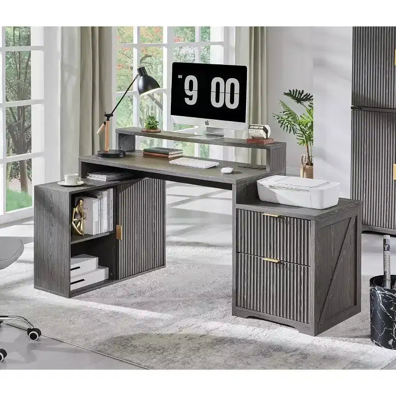 Scrivania Moderna a L da 67" con Mobile Contenitore e Cassetti, Scrivania da Ufficio Domestico in Legno con Prese di Corrente, Scrivania Regolabile in Altezza