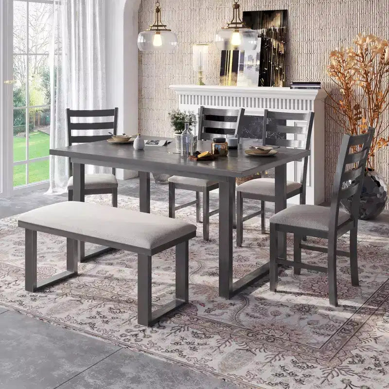 Whisen 6-Pieces Solid Wood Dining Table Set with Rectangular Table and 4 Chairs and Bench - Gray