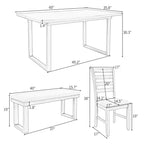 Whisen Set da Pranzo 6 Pezzi in Legno Massello con Tavolo Rettangolare, 4 Sedie e Panchina - Grigio