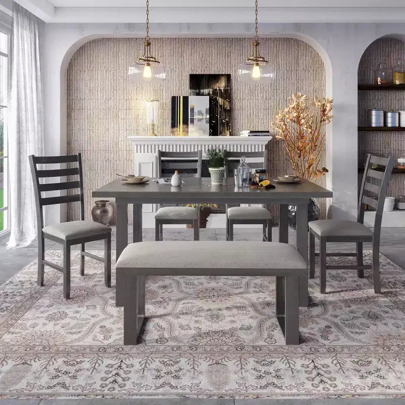 Whisen Set da Pranzo 6 Pezzi in Legno Massello con Tavolo Rettangolare, 4 Sedie e Panchina - Grigio