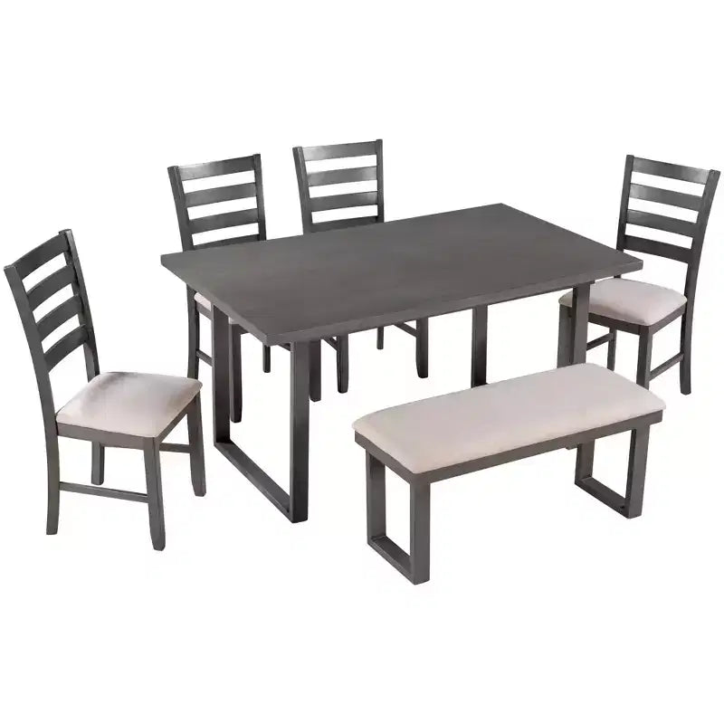 Whisen Set da Pranzo 6 Pezzi in Legno Massello con Tavolo Rettangolare, 4 Sedie e Panchina - Grigio