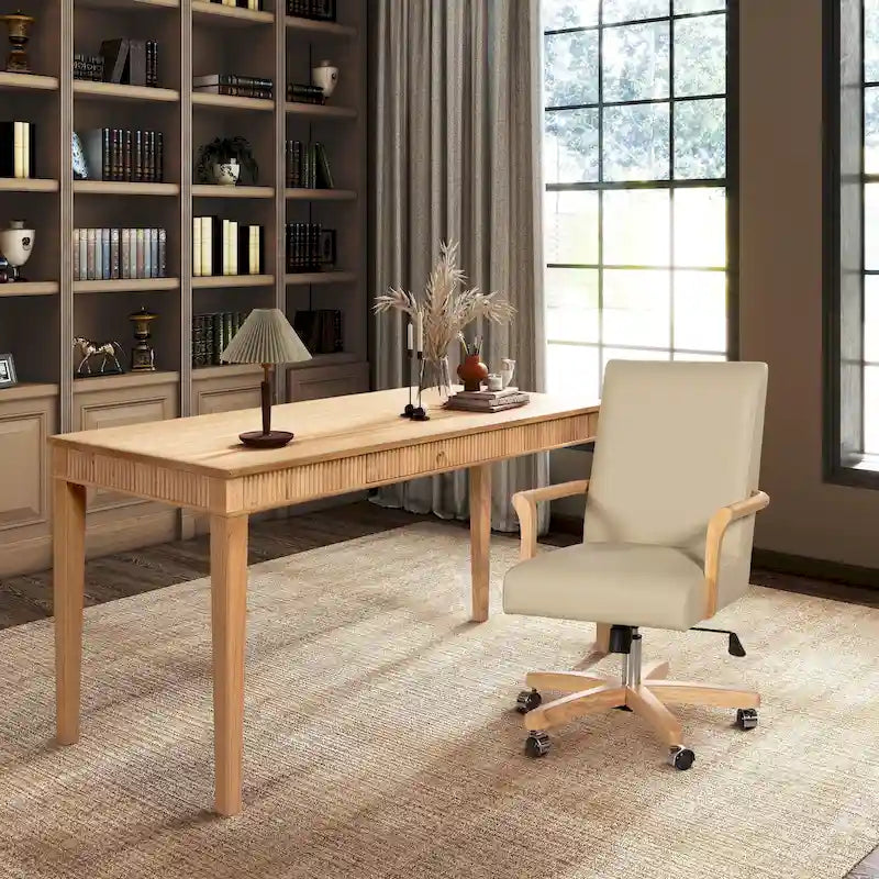 Brown Leather Swivel Office Chair with Wood Accents