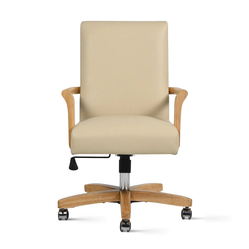 Brown Leather Swivel Office Chair with Wood Accents