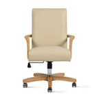 Brown Leather Swivel Office Chair with Wood Accents