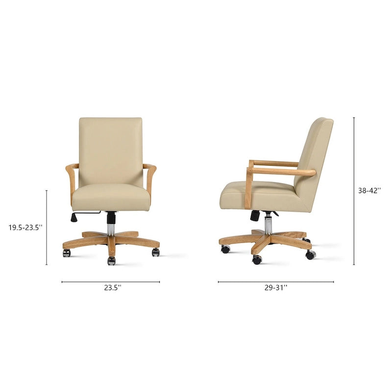 Brown Leather Swivel Office Chair with Wood Accents