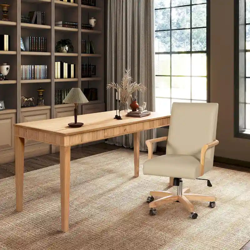 Brown Leather Swivel Office Chair with Wood Accents