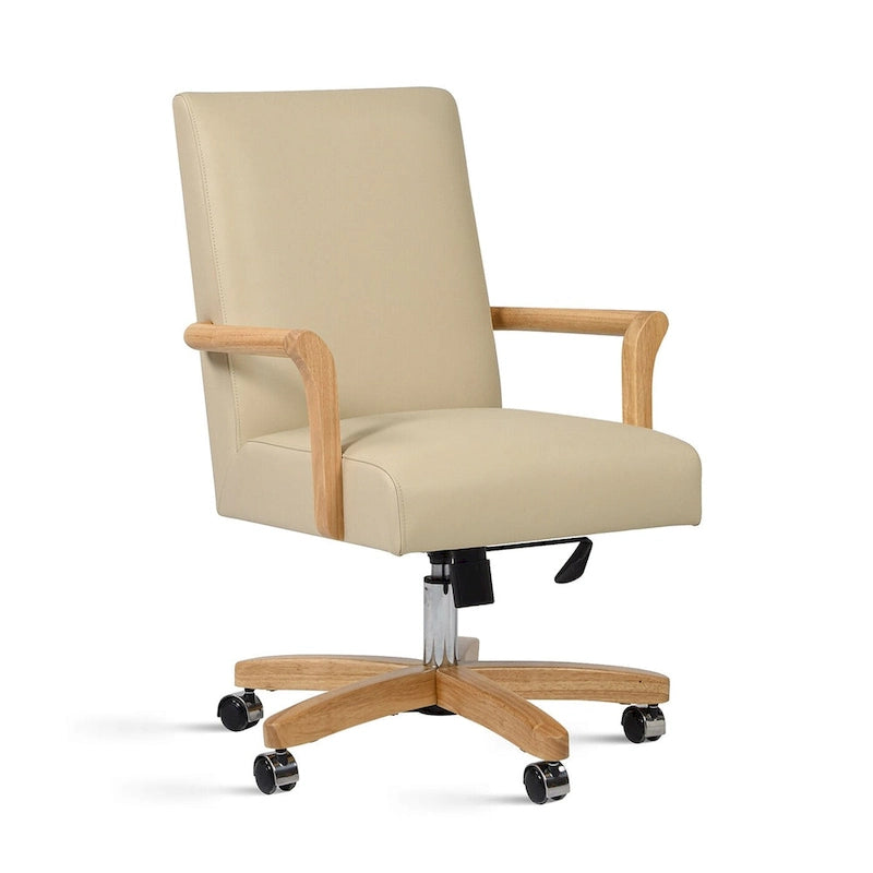 Brown Leather Swivel Office Chair with Wood Accents