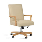Brown Leather Swivel Office Chair with Wood Accents