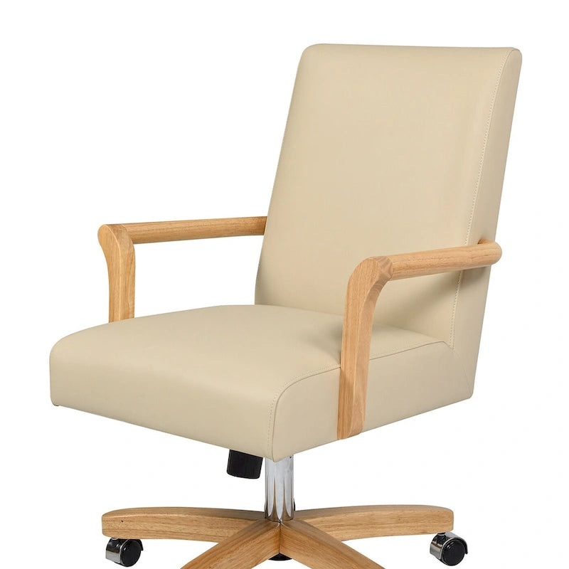 Brown Leather Swivel Office Chair with Wood Accents