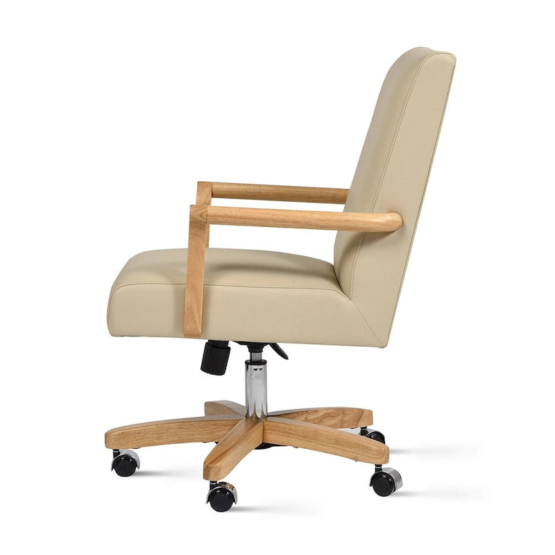 Brown Leather Swivel Office Chair with Wood Accents