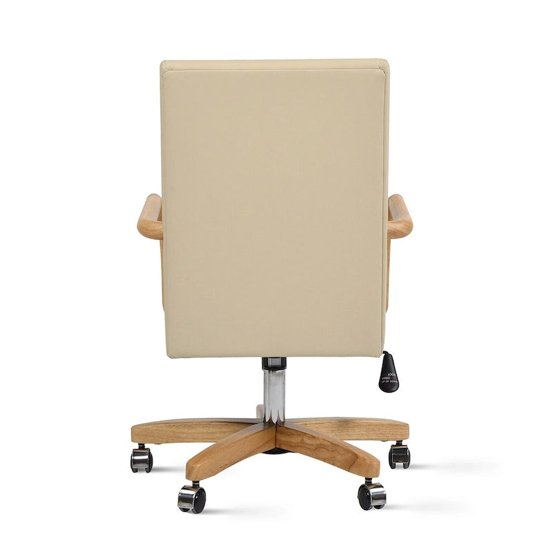 Brown Leather Swivel Office Chair with Wood Accents