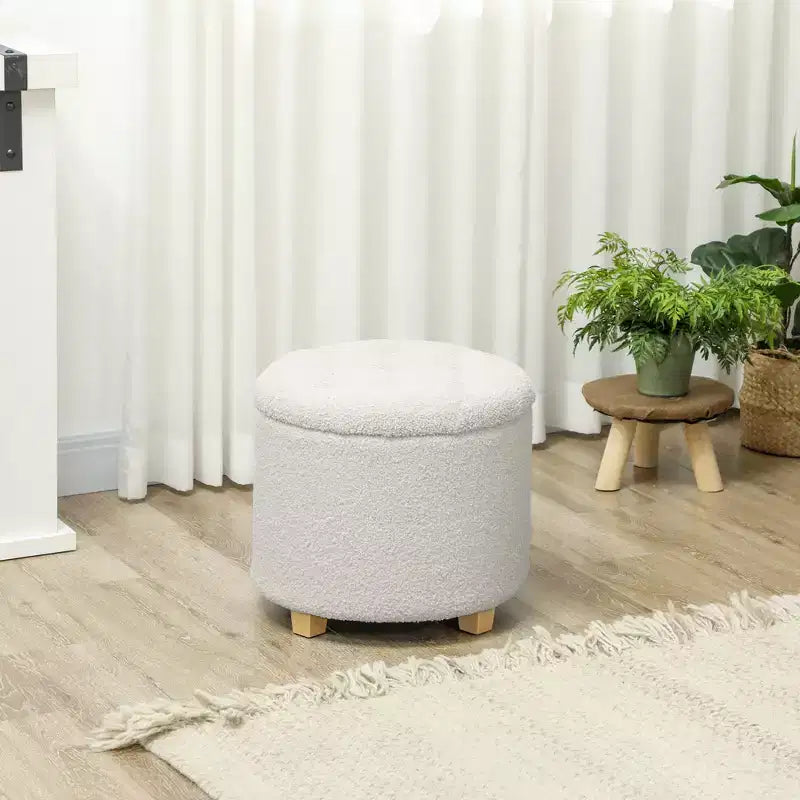 HOMCOM Pouf Rotondo 18" con Contenitore, Sgabello da Camera da Letto in Pile Teddy Trapuntato con Bottoni, Coperchio Rimovibile e Gambe in Legno per Soggiorno, Ingresso, Bianco