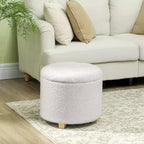 HOMCOM Pouf Rotondo 18" con Contenitore, Sgabello da Camera da Letto in Pile Teddy Trapuntato con Bottoni, Coperchio Rimovibile e Gambe in Legno per Soggiorno, Ingresso, Bianco