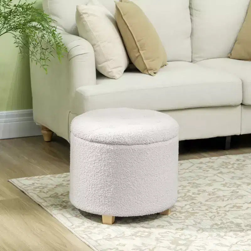 HOMCOM 18 Round Ottoman with Storage, Teddy Fleece Button Tufted Bedroom Stool with Removable Lid and Wood Legs for Living Room, Hallway, White