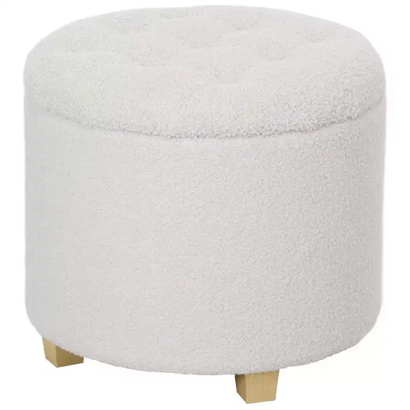 HOMCOM 18 Round Ottoman with Storage, Teddy Fleece Button Tufted Bedroom Stool with Removable Lid and Wood Legs for Living Room, Hallway, White
