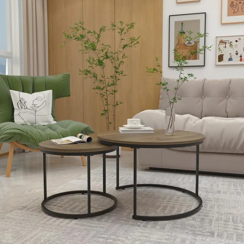 Set di 2 Tavolini da Caffè Componibili, Tavolino Rotondo da 70cm con Finitura in Legno e Robusta Struttura in Metallo, Tavolini Laterali