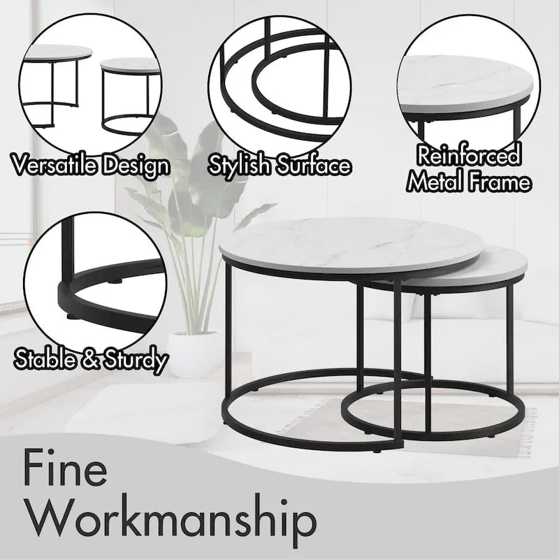 Nesting Coffee Table Set of 2, 27.6inch Round Coffee Table Wood Finish with Sturdy Metal Frame,End Table Side Tables