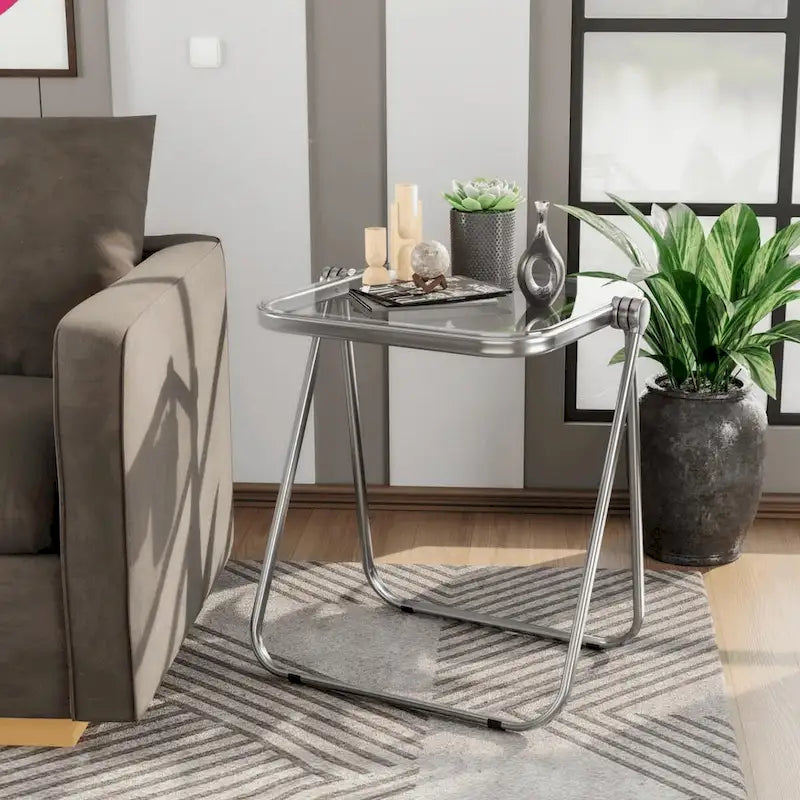 LeisureMod Lawrence Square Plastic Folding End Table with Iron Frame