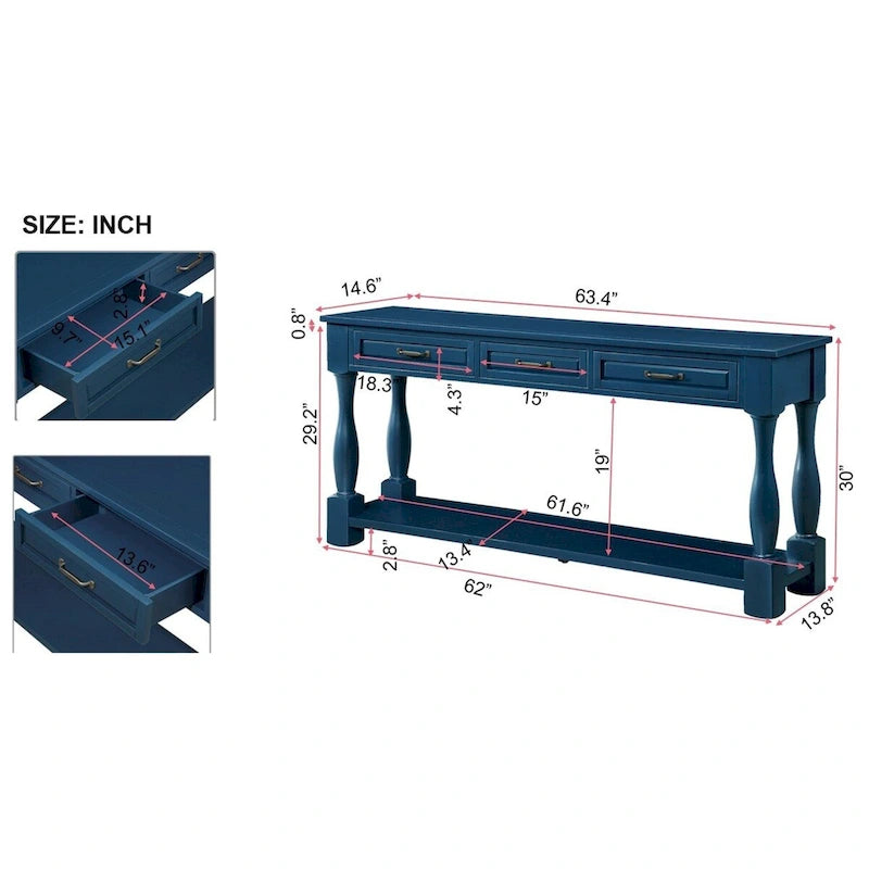 Consolle in legno con 3 cassetti e 1 ripiano inferiore