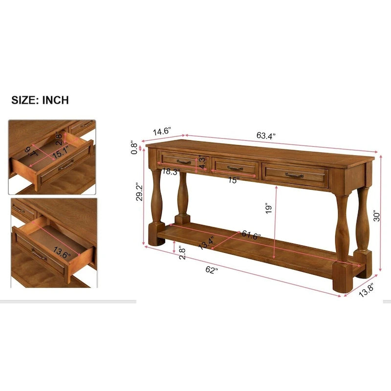 Consolle in legno con 3 cassetti e 1 ripiano inferiore