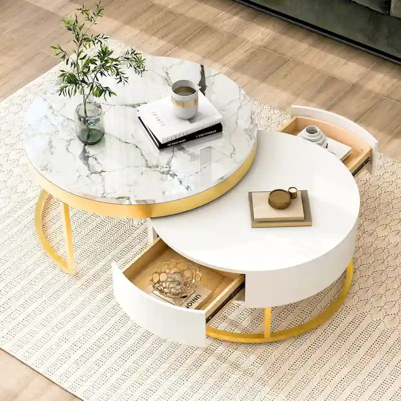 Tavolino moderno rotondo con cassetti a incastro