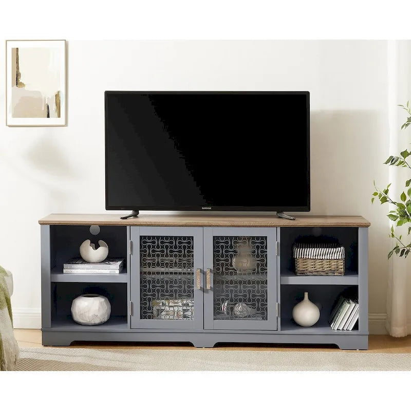 Mobile porta TV moderno, Ampia consolle per l'home entertainment, per TV fino a 80 pollici, con ripiani aperti e armadietti con anta in vetro