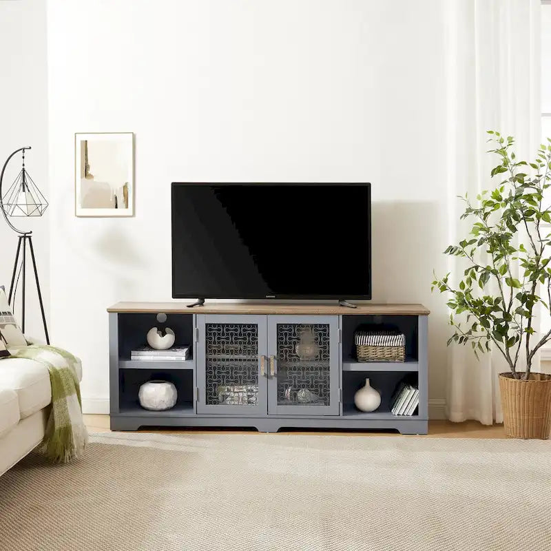 Mobile porta TV moderno, Ampia consolle per l'home entertainment, per TV fino a 80 pollici, con ripiani aperti e armadietti con anta in vetro