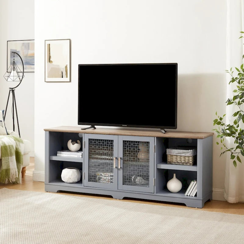 Mobile porta TV moderno, Ampia consolle per l'home entertainment, per TV fino a 80 pollici, con ripiani aperti e armadietti con anta in vetro