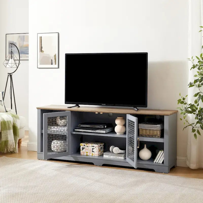 Mobile porta TV moderno, Ampia consolle per l'home entertainment, per TV fino a 80 pollici, con ripiani aperti e armadietti con anta in vetro