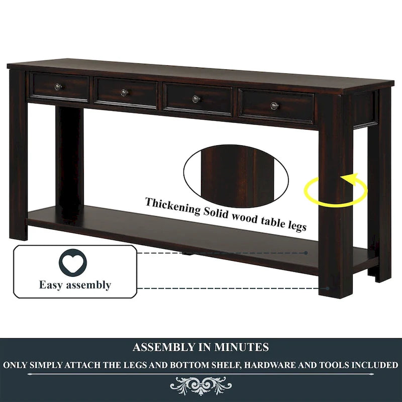 Pine Wood Console Table with 4 Drawers and Bottom Shelf for Entryway Hallway