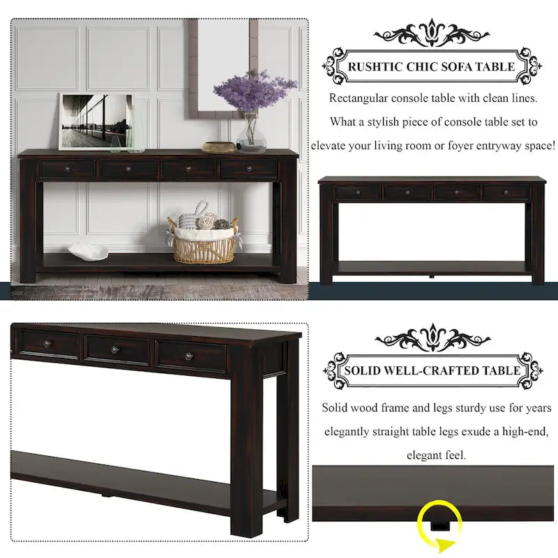 Pine Wood Console Table with 4 Drawers and Bottom Shelf for Entryway Hallway
