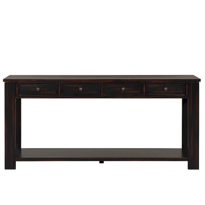Pine Wood Console Table with 4 Drawers and Bottom Shelf for Entryway Hallway
