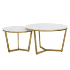 Modern Round Nesting Coffee Table Set 2-Piece White & Marbling Top Gold Base