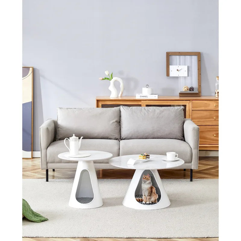 Set di 2 Tavolini da Caffè Rotondi con Top Effetto Marmo e Base in Acciaio con 2 Letti per Gatti - Multifunzionali ed Eleganti