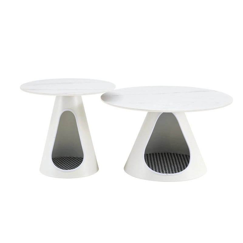 Set di 2 Tavolini da Caffè Rotondi con Top Effetto Marmo e Base in Acciaio con 2 Letti per Gatti - Multifunzionali ed Eleganti
