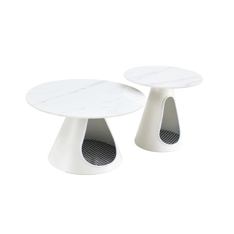 Set di 2 Tavolini da Caffè Rotondi con Top Effetto Marmo e Base in Acciaio con 2 Letti per Gatti - Multifunzionali ed Eleganti