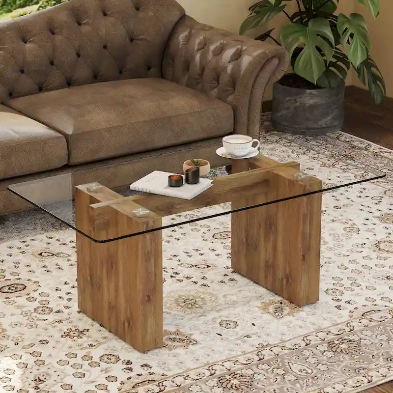 Tavolino da caffè e tavolo da pranzo moderno e minimalista in vetro temperato con adesivo, abbinato a decorazioni in MDF dorato