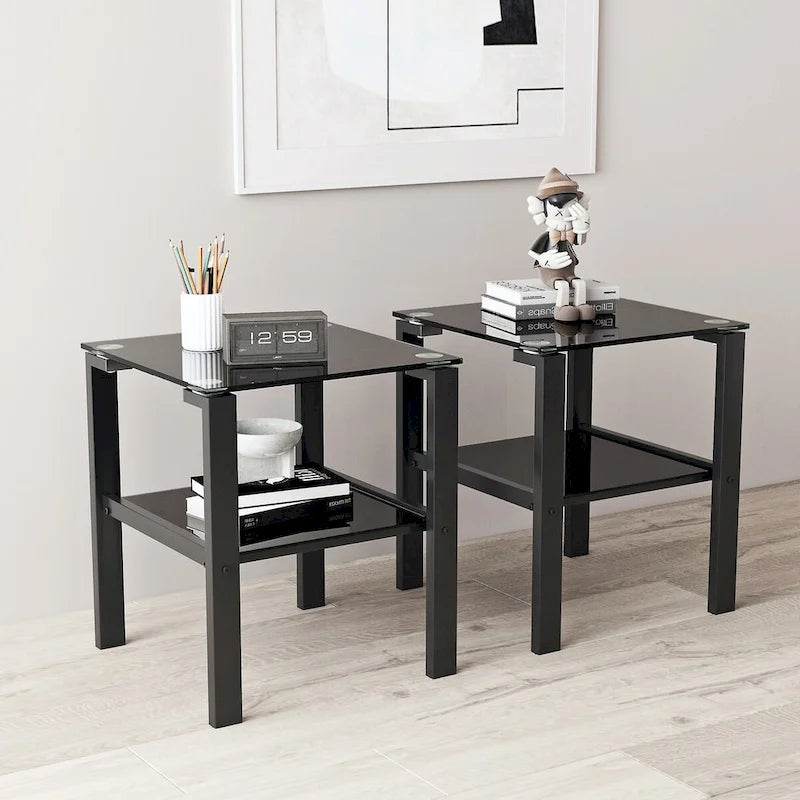 Set of 2, Glass two layer tea table, small round table, bedroom corner table, living room side table