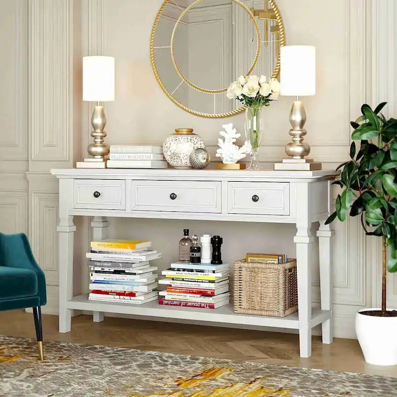 Consolle classica retrò da 50 litri con tre cassetti superiori e ripiano inferiore aperto (grigio anticato)