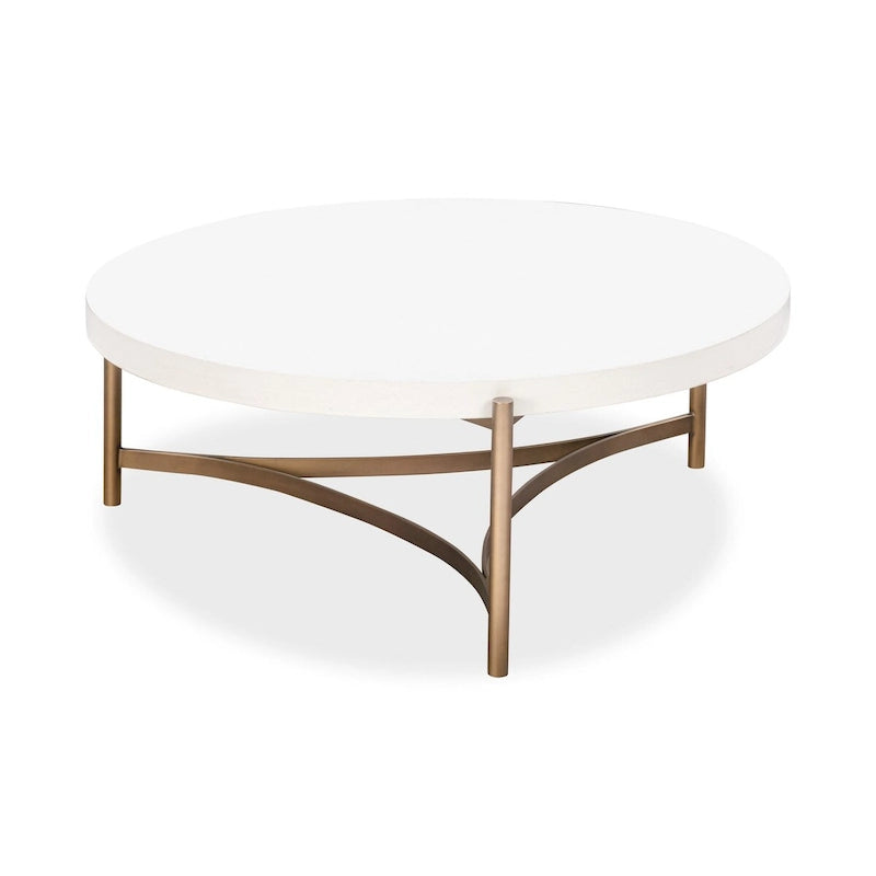 Tavolino rotondo Leyu da 46 pollici, piano in cemento bianco, base a treppiede in bronzo