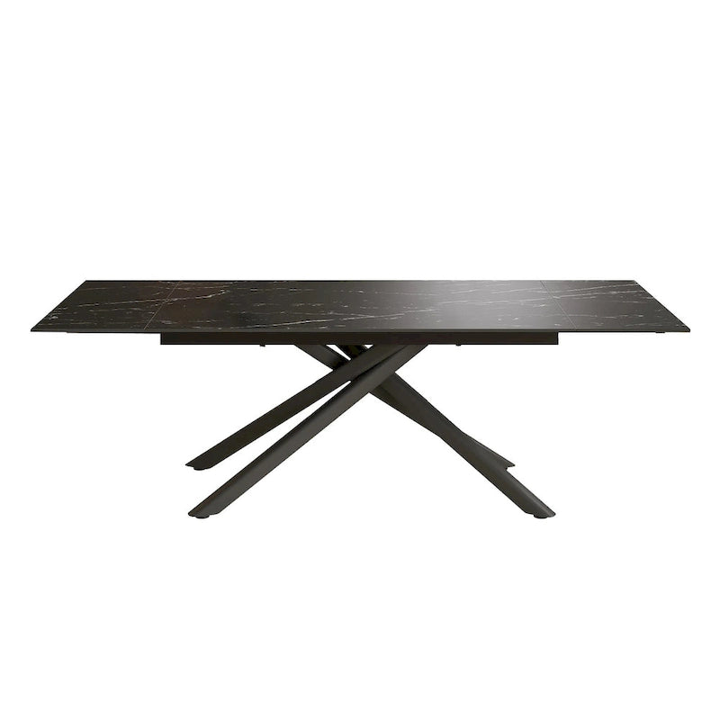 Set da pranzo rettangolare allungabile a 9 pezzi in pietra sinterizzata con gambe incrociate e 8 sedie per casa o villa
