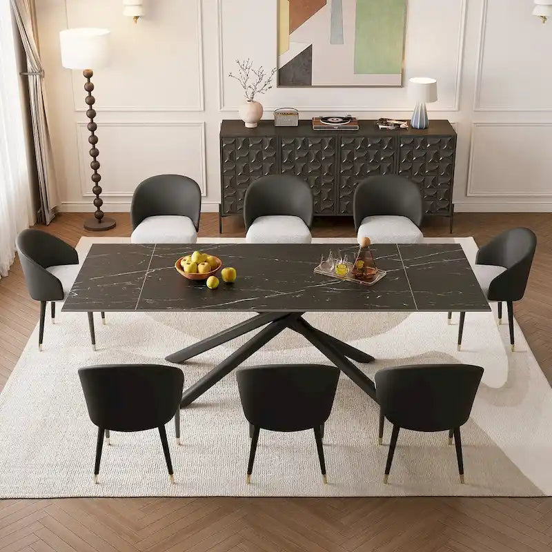 Set da pranzo rettangolare allungabile a 9 pezzi in pietra sinterizzata con gambe incrociate e 8 sedie per casa o villa