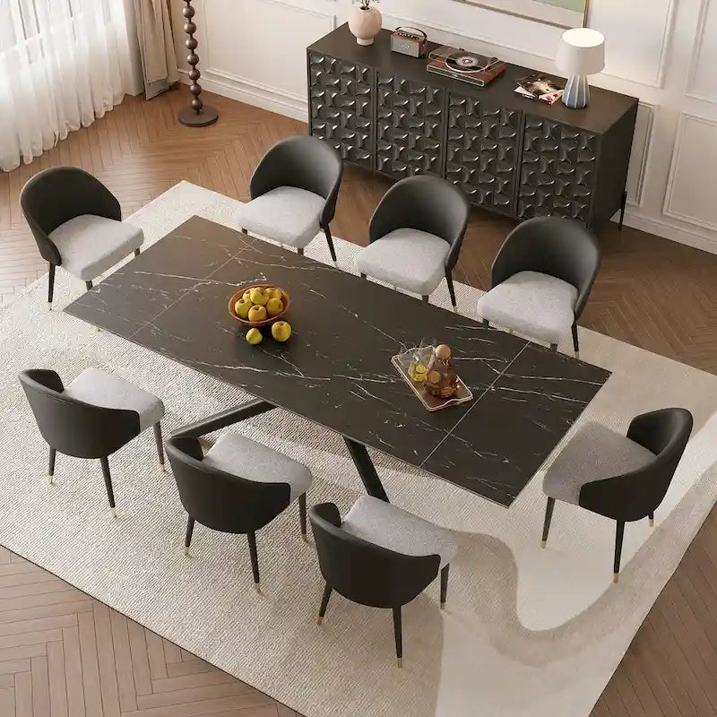Set da pranzo rettangolare allungabile a 9 pezzi in pietra sinterizzata con gambe incrociate e 8 sedie per casa o villa