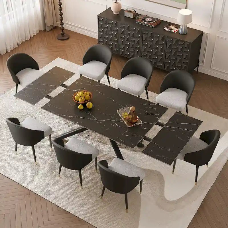 Set da pranzo rettangolare allungabile a 9 pezzi in pietra sinterizzata con gambe incrociate e 8 sedie per casa o villa