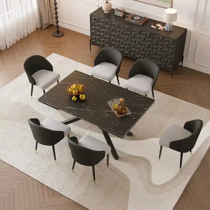 Set da pranzo rettangolare allungabile a 9 pezzi in pietra sinterizzata con gambe incrociate e 8 sedie per casa o villa