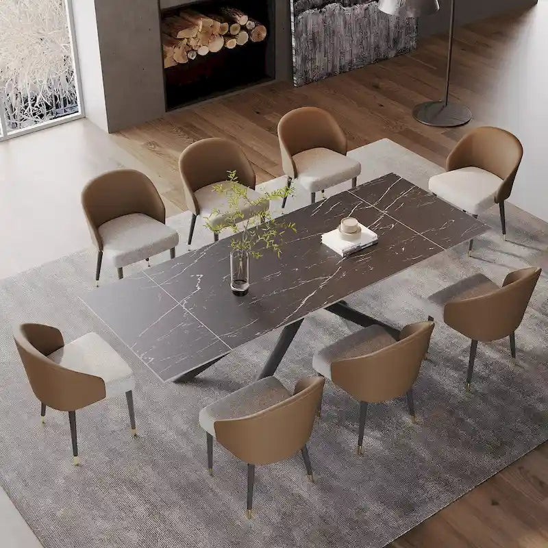 Set da pranzo rettangolare allungabile a 9 pezzi in pietra sinterizzata con gambe incrociate e 8 sedie per casa o villa