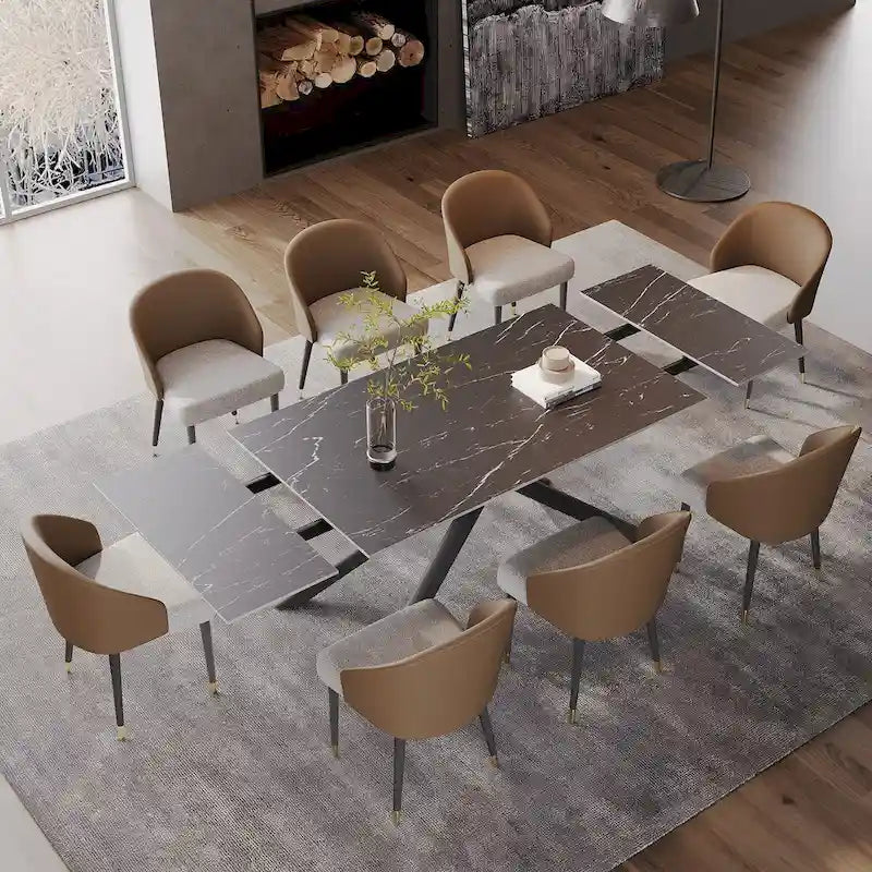 Set da pranzo rettangolare allungabile a 9 pezzi in pietra sinterizzata con gambe incrociate e 8 sedie per casa o villa